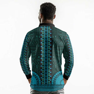 Teal Dashiki and Tapa Pattern Long Sleeve Polo Shirt Africa-Polynesia Together Culture