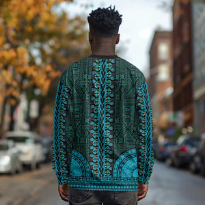 Teal Dashiki and Tapa Pattern Long Sleeve Shirt Africa-Polynesia Together Culture