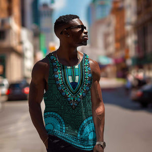 Teal Dashiki and Tapa Pattern Men Tank Top Africa-Polynesia Together Culture