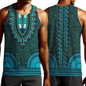 Teal Dashiki and Tapa Pattern Men Tank Top Africa-Polynesia Together Culture