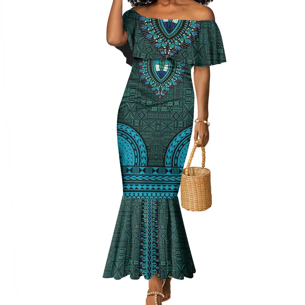 Teal Dashiki and Tapa Pattern Mermaid Dress Africa-Polynesia Together Culture