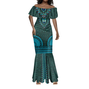 Teal Dashiki and Tapa Pattern Mermaid Dress Africa-Polynesia Together Culture