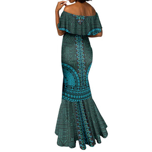 Teal Dashiki and Tapa Pattern Mermaid Dress Africa-Polynesia Together Culture