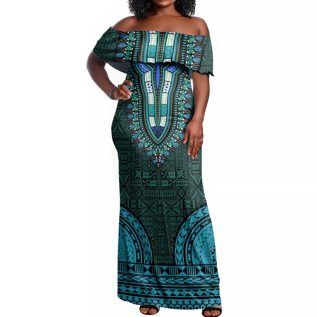 Teal Dashiki and Tapa Pattern Off Shoulder Maxi Dress Africa-Polynesia Together Culture