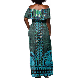 Teal Dashiki and Tapa Pattern Off Shoulder Maxi Dress Africa-Polynesia Together Culture