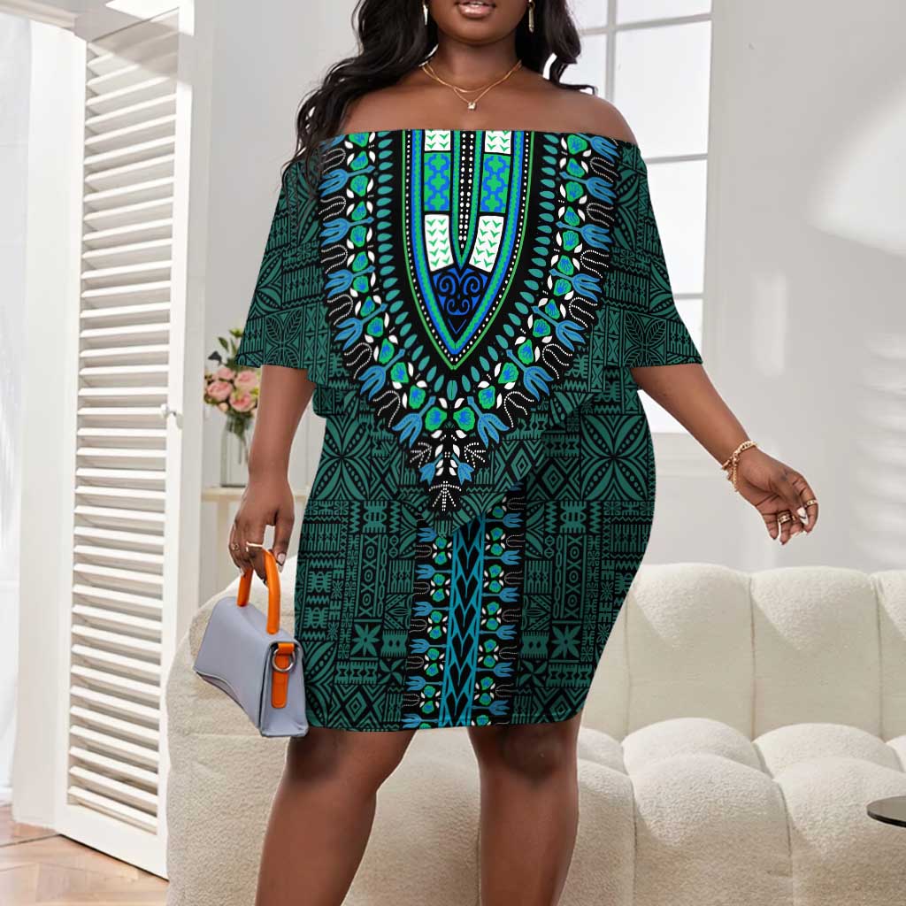 Teal Dashiki and Tapa Pattern Off Shoulder Short Dress Africa-Polynesia Together Culture