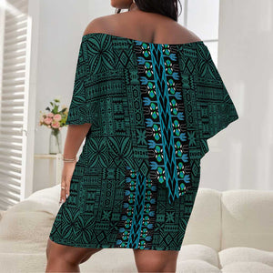 Teal Dashiki and Tapa Pattern Off Shoulder Short Dress Africa-Polynesia Together Culture