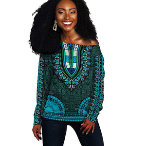 Teal Dashiki and Tapa Pattern Off Shoulder Sweater Africa-Polynesia Together Culture