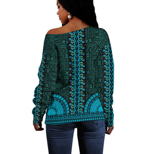 Teal Dashiki and Tapa Pattern Off Shoulder Sweater Africa-Polynesia Together Culture