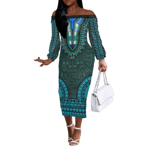 Teal Dashiki and Tapa Pattern Off The Shoulder Long Sleeve Dress Africa-Polynesia Together Culture