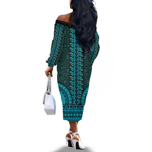 Teal Dashiki and Tapa Pattern Off The Shoulder Long Sleeve Dress Africa-Polynesia Together Culture