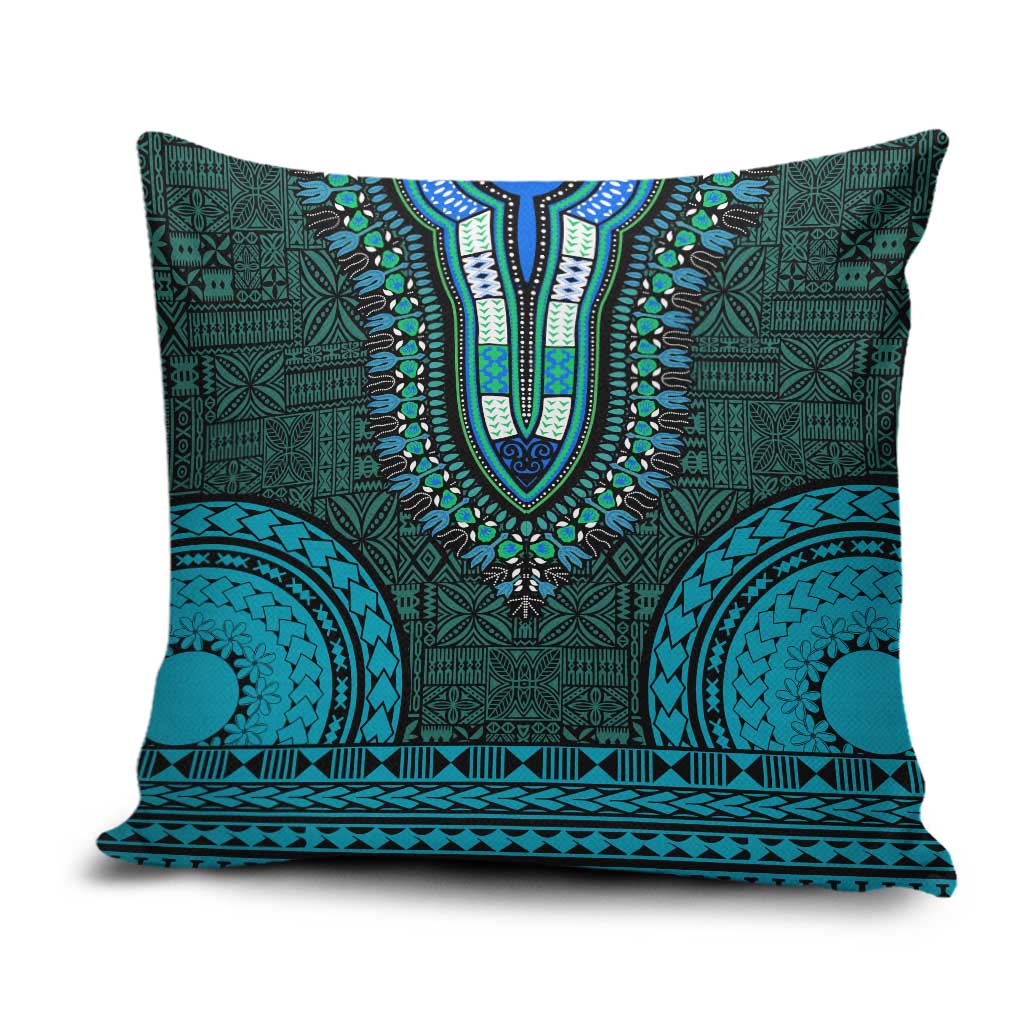 Teal Dashiki and Tapa Pattern Pillow Cover Africa-Polynesia Together Culture