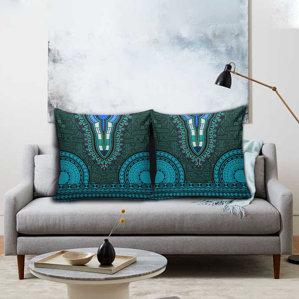 Teal Dashiki and Tapa Pattern Pillow Cover Africa-Polynesia Together Culture