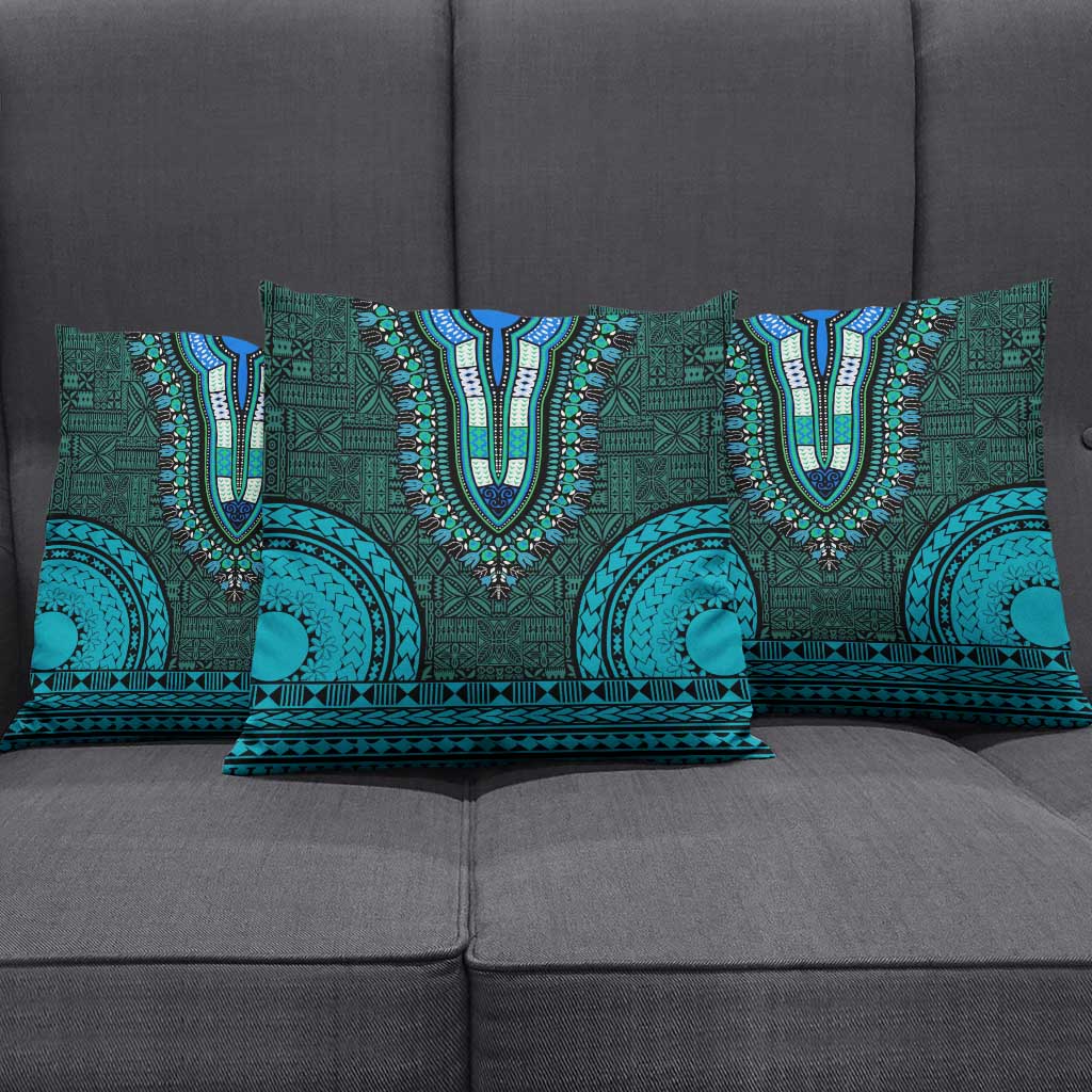 Teal Dashiki and Tapa Pattern Pillow Cover Africa-Polynesia Together Culture