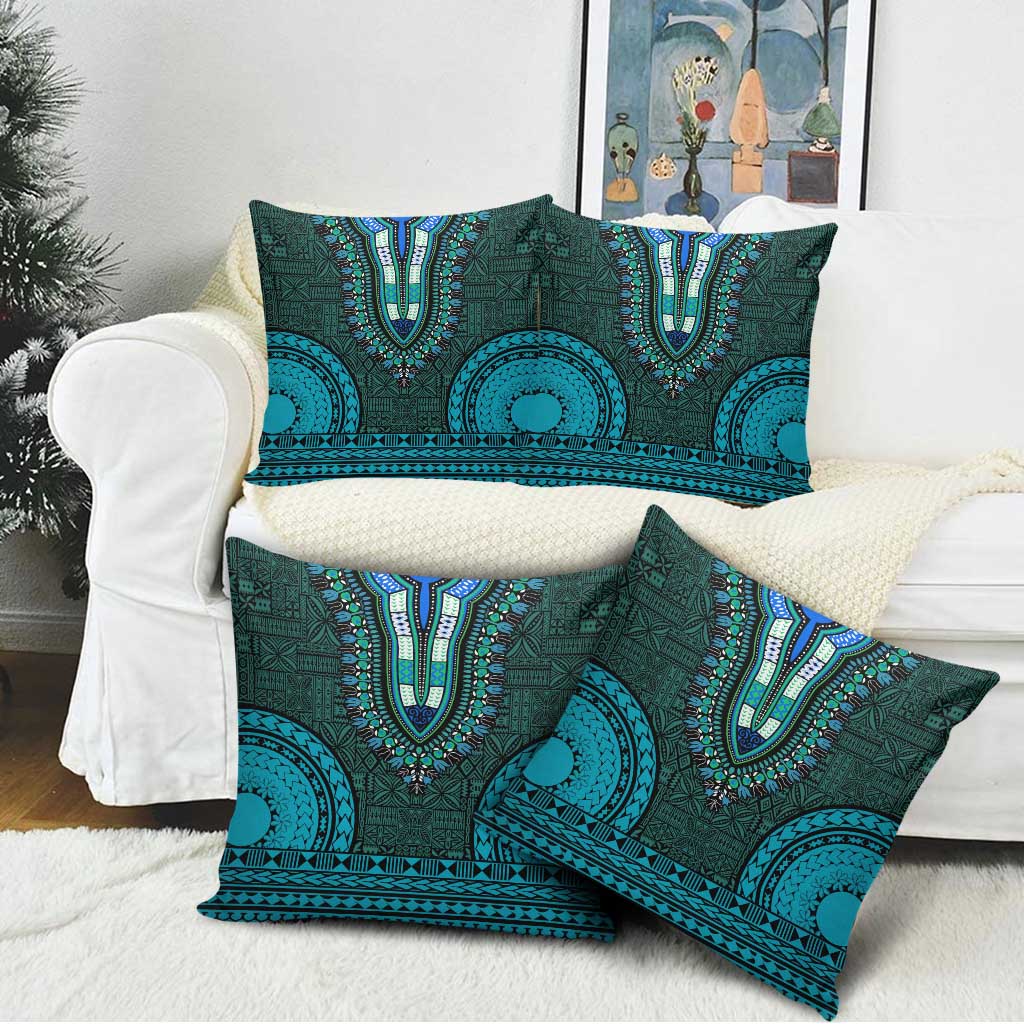 Teal Dashiki and Tapa Pattern Pillow Cover Africa-Polynesia Together Culture