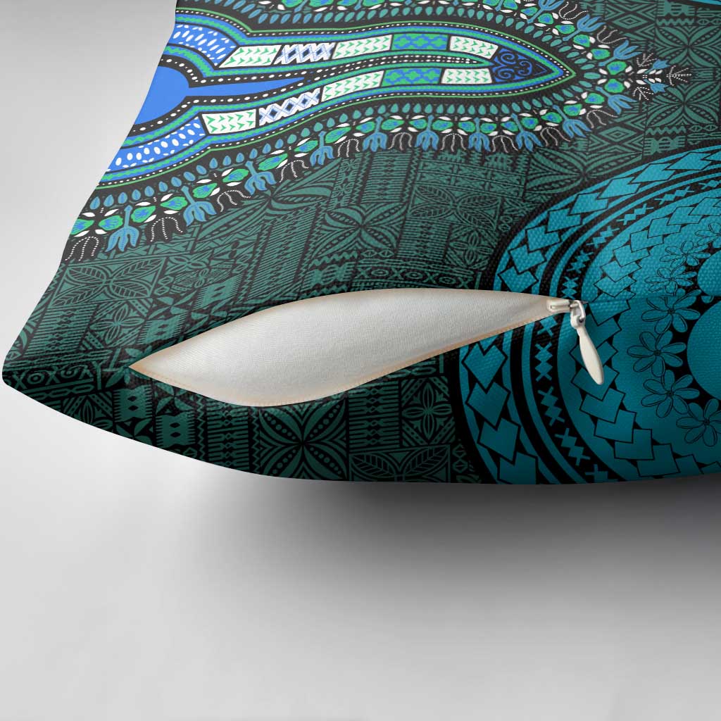 Teal Dashiki and Tapa Pattern Pillow Cover Africa-Polynesia Together Culture