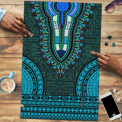 Teal Dashiki and Tapa Pattern Puzzle Africa-Polynesia Together Culture
