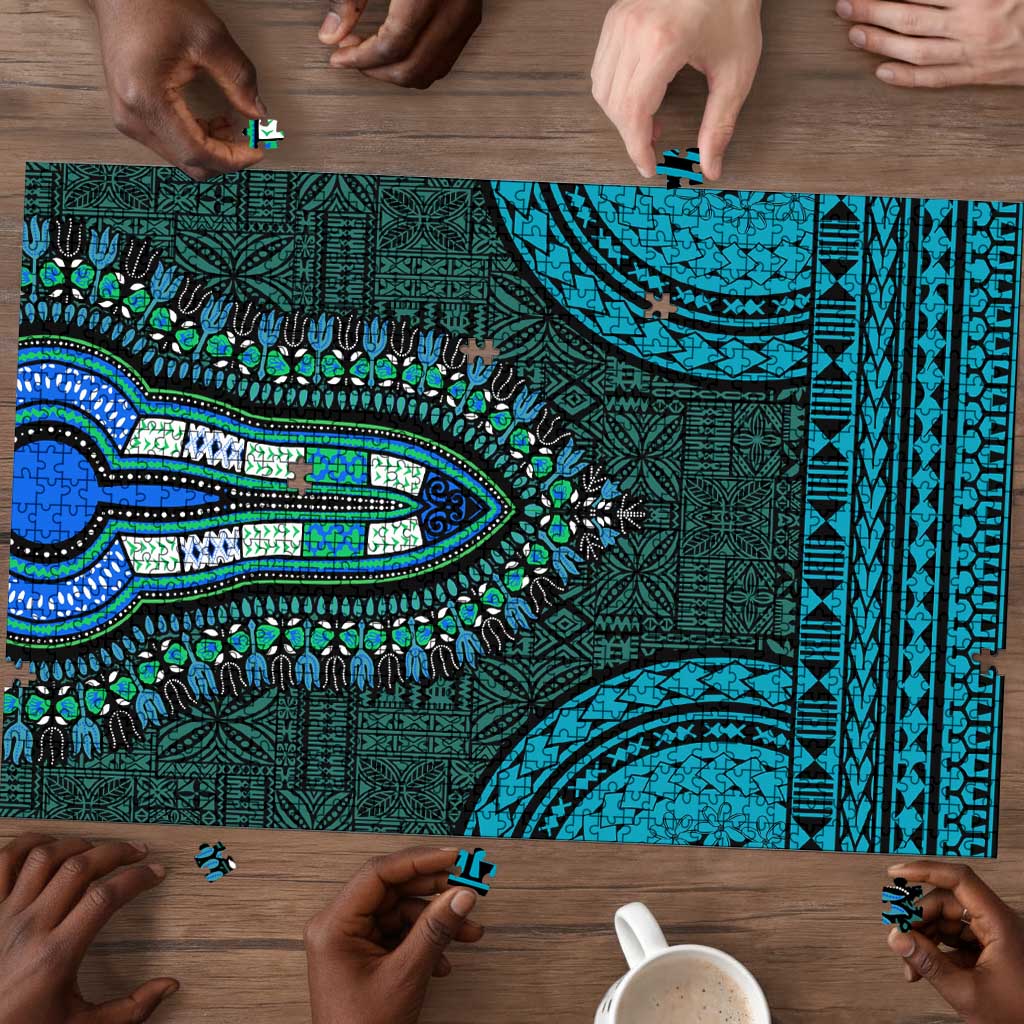 Teal Dashiki and Tapa Pattern Puzzle Africa-Polynesia Together Culture