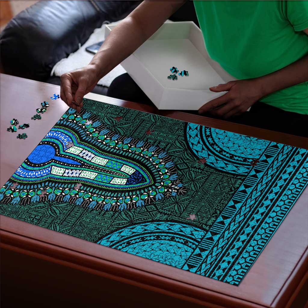 Teal Dashiki and Tapa Pattern Puzzle Africa-Polynesia Together Culture