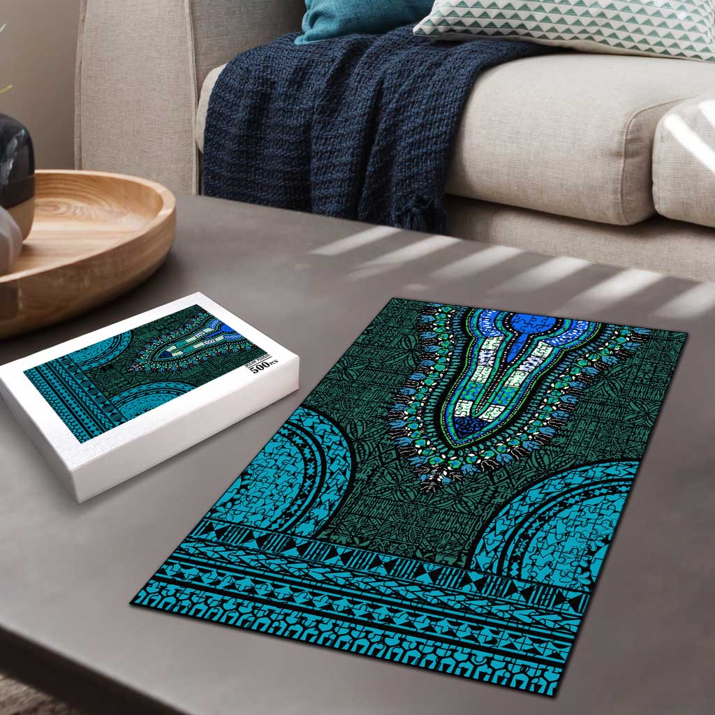 Teal Dashiki and Tapa Pattern Puzzle Africa-Polynesia Together Culture