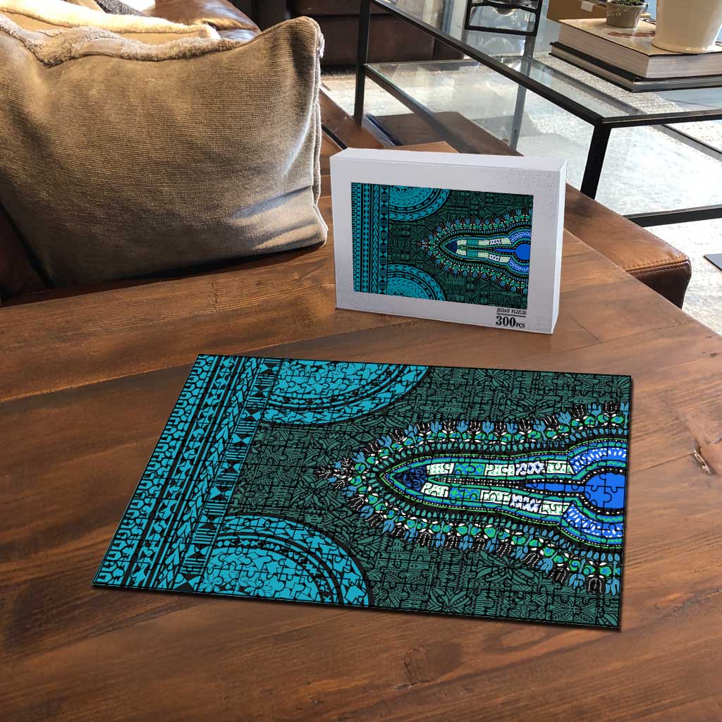Teal Dashiki and Tapa Pattern Puzzle Africa-Polynesia Together Culture
