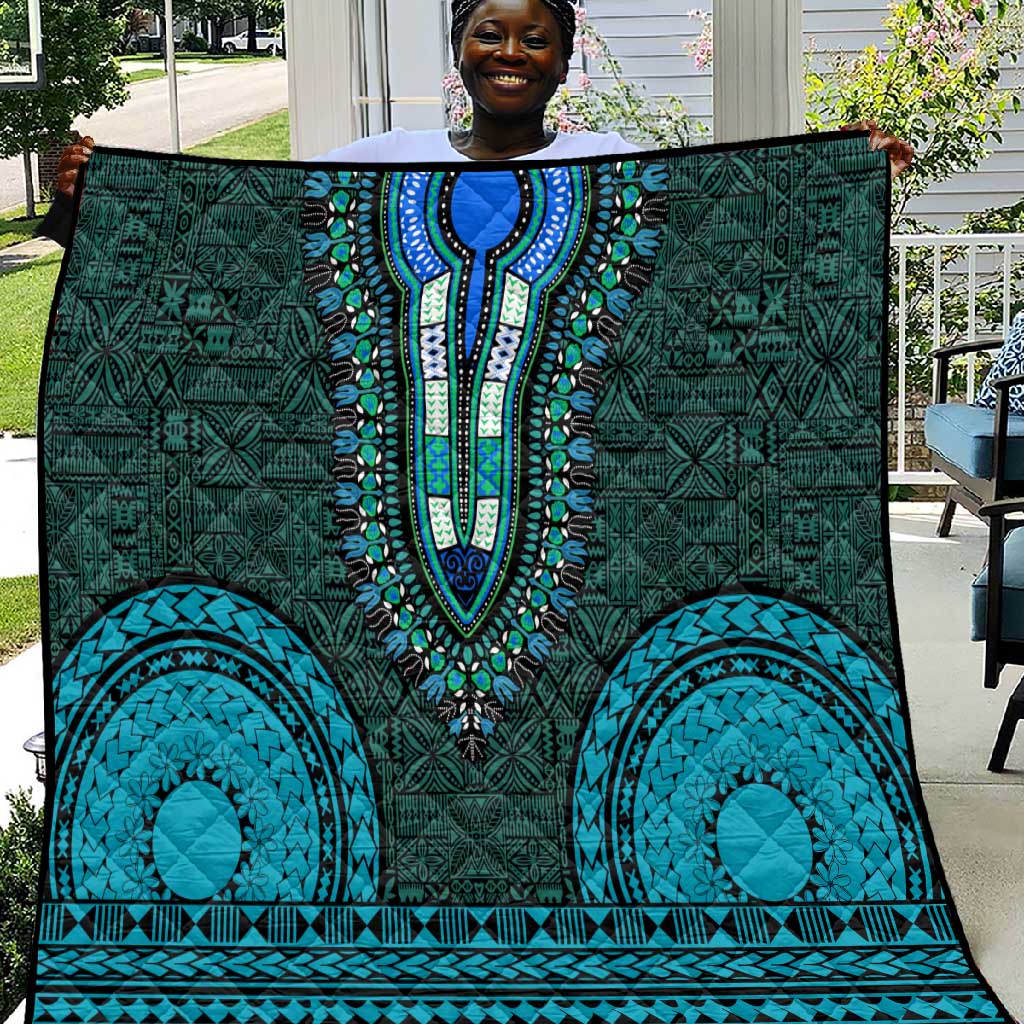 Teal Dashiki and Tapa Pattern Quilt Africa-Polynesia Together Culture