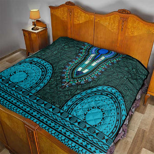 Teal Dashiki and Tapa Pattern Quilt Africa-Polynesia Together Culture