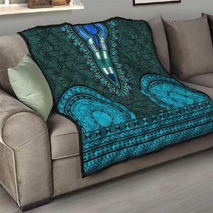 Teal Dashiki and Tapa Pattern Quilt Africa-Polynesia Together Culture