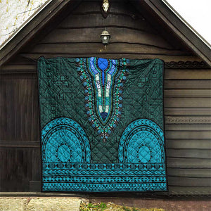 Teal Dashiki and Tapa Pattern Quilt Africa-Polynesia Together Culture