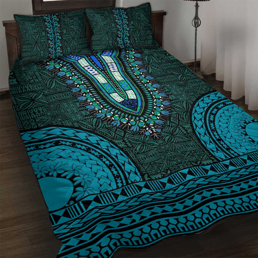 Teal Dashiki and Tapa Pattern Quilt Bed Set Africa-Polynesia Together Culture