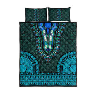 Teal Dashiki and Tapa Pattern Quilt Bed Set Africa-Polynesia Together Culture