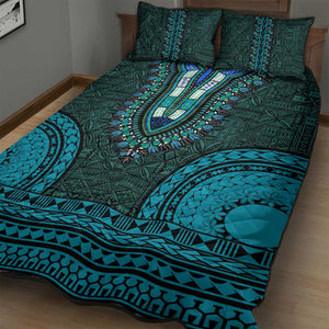 Teal Dashiki and Tapa Pattern Quilt Bed Set Africa-Polynesia Together Culture