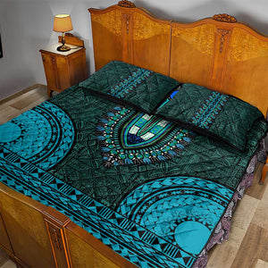 Teal Dashiki and Tapa Pattern Quilt Bed Set Africa-Polynesia Together Culture