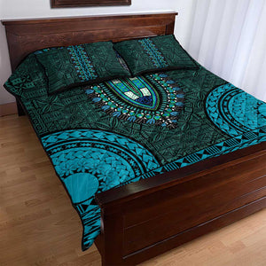 Teal Dashiki and Tapa Pattern Quilt Bed Set Africa-Polynesia Together Culture