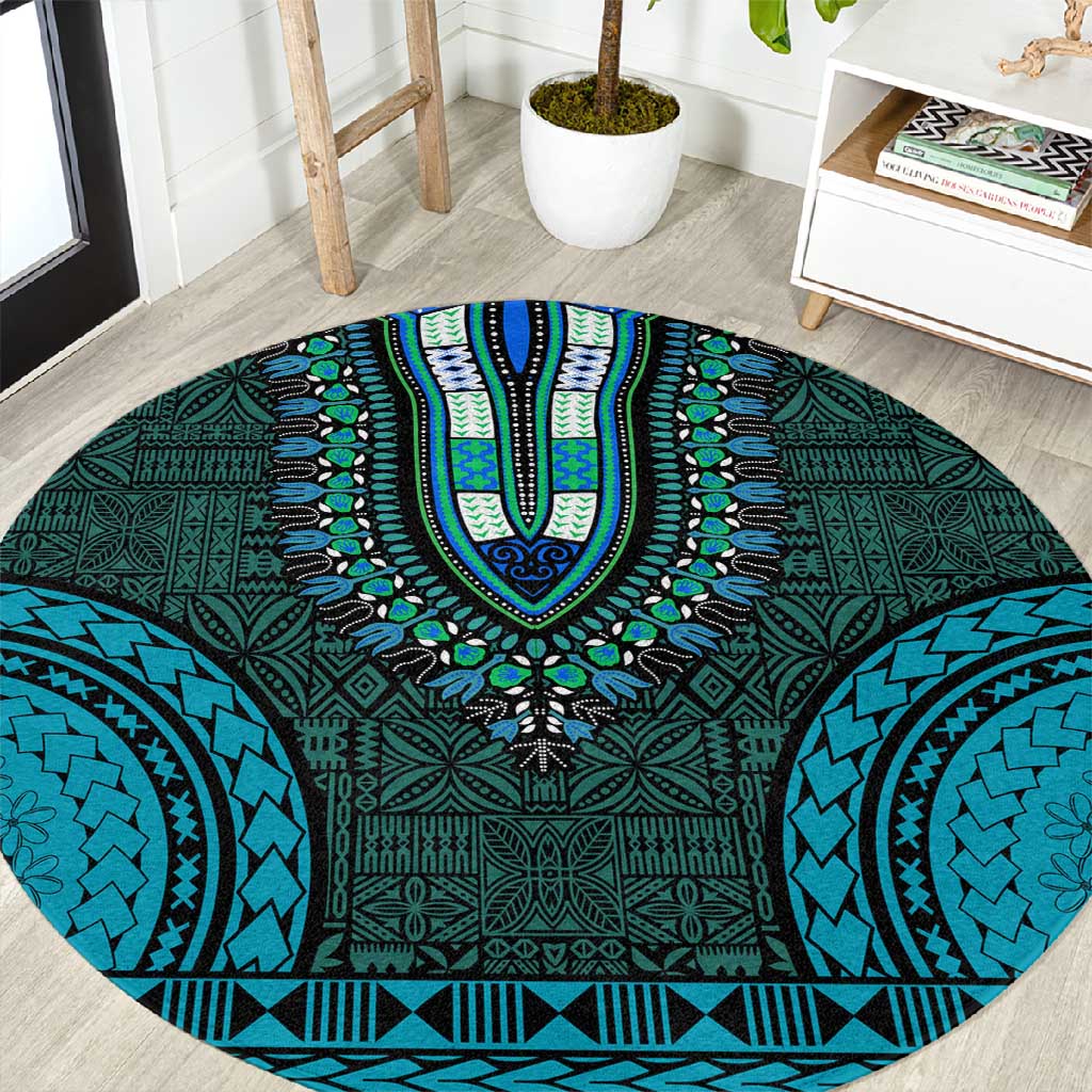 Teal Dashiki and Tapa Pattern Round Carpet Africa-Polynesia Together Culture