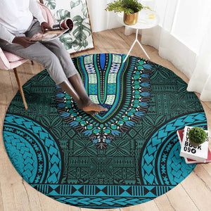 Teal Dashiki and Tapa Pattern Round Carpet Africa-Polynesia Together Culture