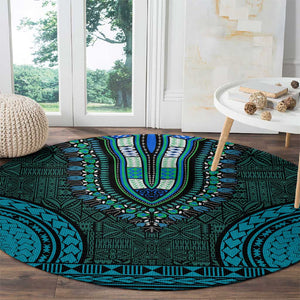 Teal Dashiki and Tapa Pattern Round Carpet Africa-Polynesia Together Culture