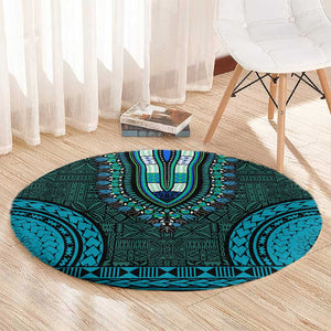 Teal Dashiki and Tapa Pattern Round Carpet Africa-Polynesia Together Culture