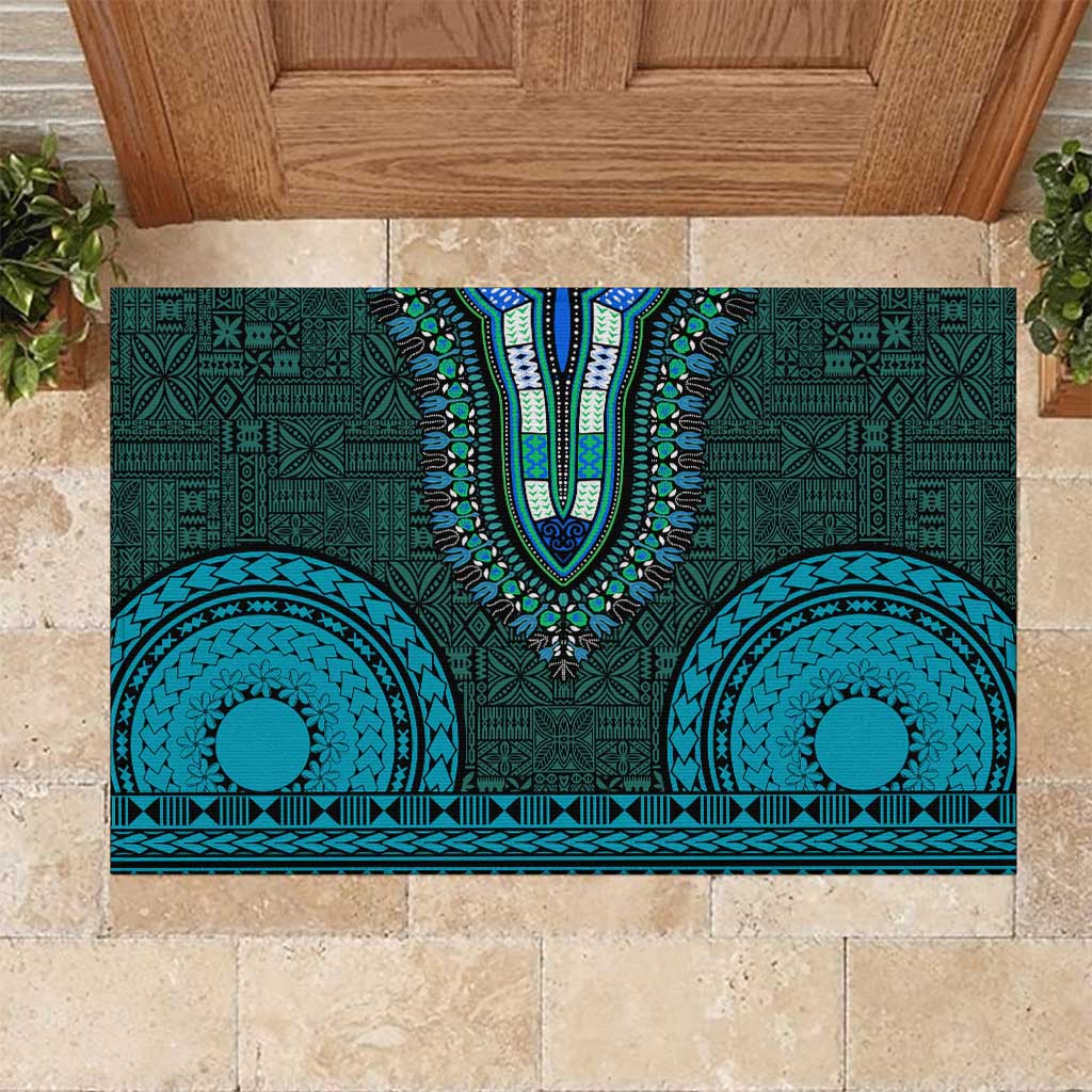 Teal Dashiki and Tapa Pattern Rubber Doormat Africa-Polynesia Together Culture