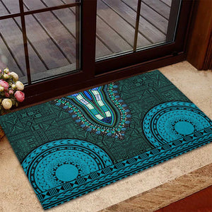 Teal Dashiki and Tapa Pattern Rubber Doormat Africa-Polynesia Together Culture