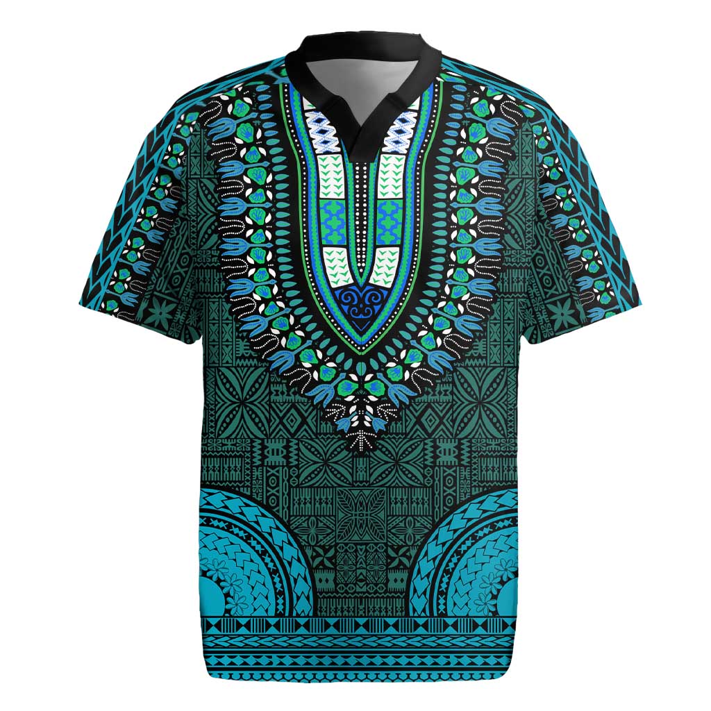 Teal Dashiki and Tapa Pattern Rugby Jersey Africa-Polynesia Together Culture