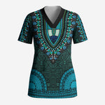 Teal Dashiki and Tapa Pattern Scrub Top Africa-Polynesia Together Culture