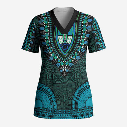 Teal Dashiki and Tapa Pattern Scrub Top Africa-Polynesia Together Culture