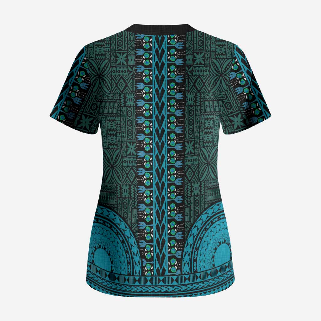 Teal Dashiki and Tapa Pattern Scrub Top Africa-Polynesia Together Culture