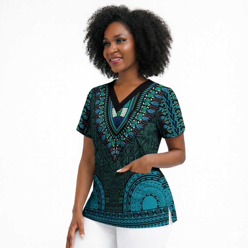 Teal Dashiki and Tapa Pattern Scrub Top Africa-Polynesia Together Culture