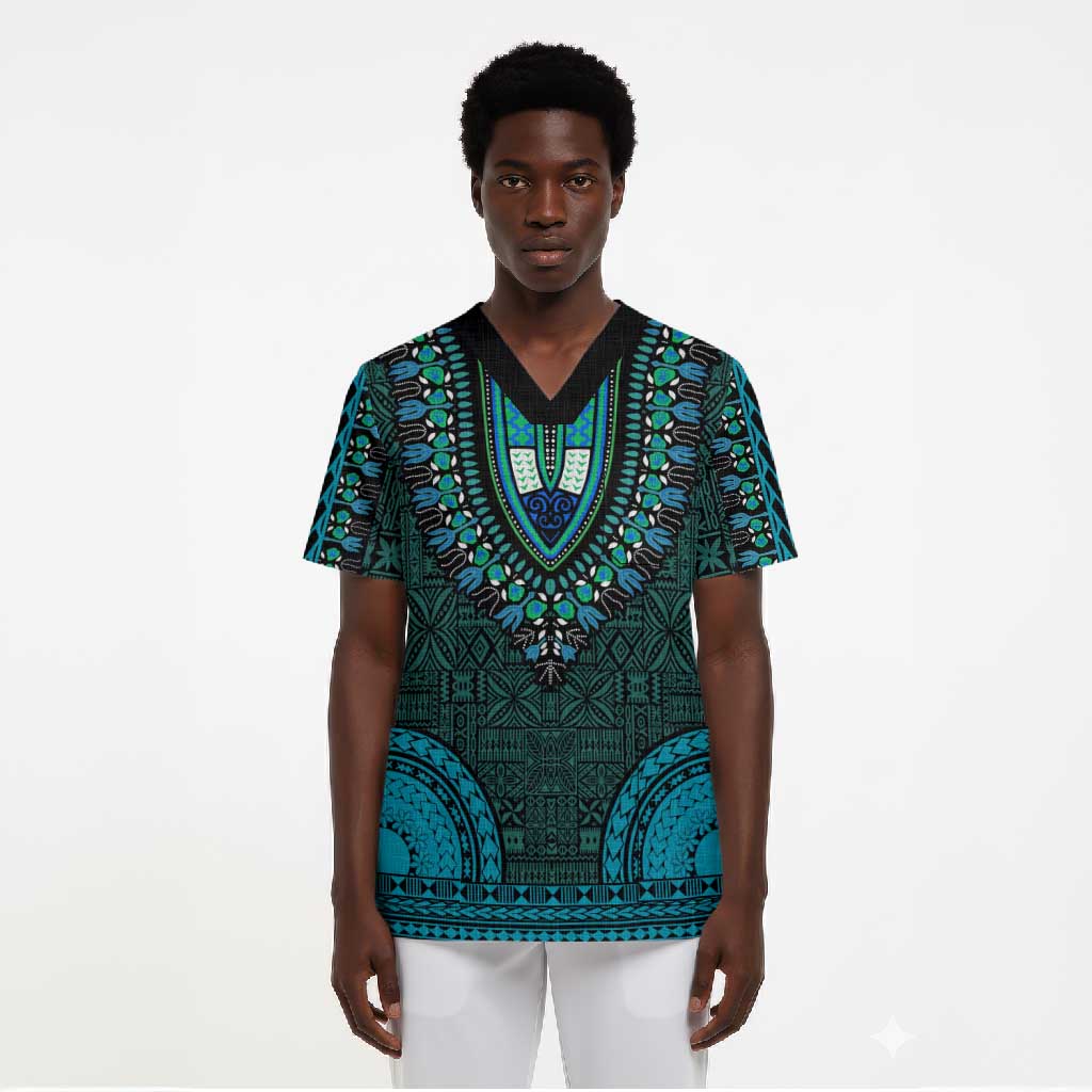 Teal Dashiki and Tapa Pattern Scrub Top Africa-Polynesia Together Culture