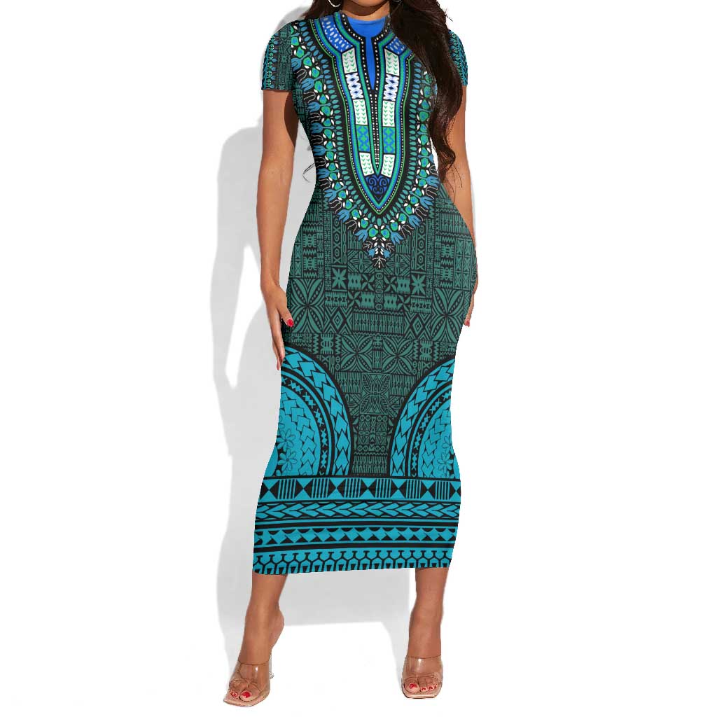 Teal Dashiki and Tapa Pattern Short Sleeve Bodycon Dress Africa-Polynesia Together Culture