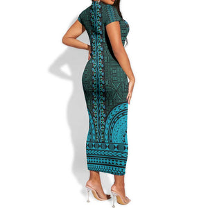 Teal Dashiki and Tapa Pattern Short Sleeve Bodycon Dress Africa-Polynesia Together Culture