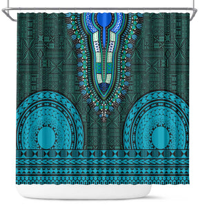 Teal Dashiki and Tapa Pattern Shower Curtain Africa-Polynesia Together Culture