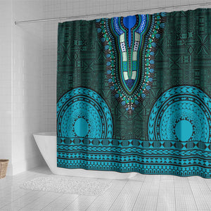 Teal Dashiki and Tapa Pattern Shower Curtain Africa-Polynesia Together Culture